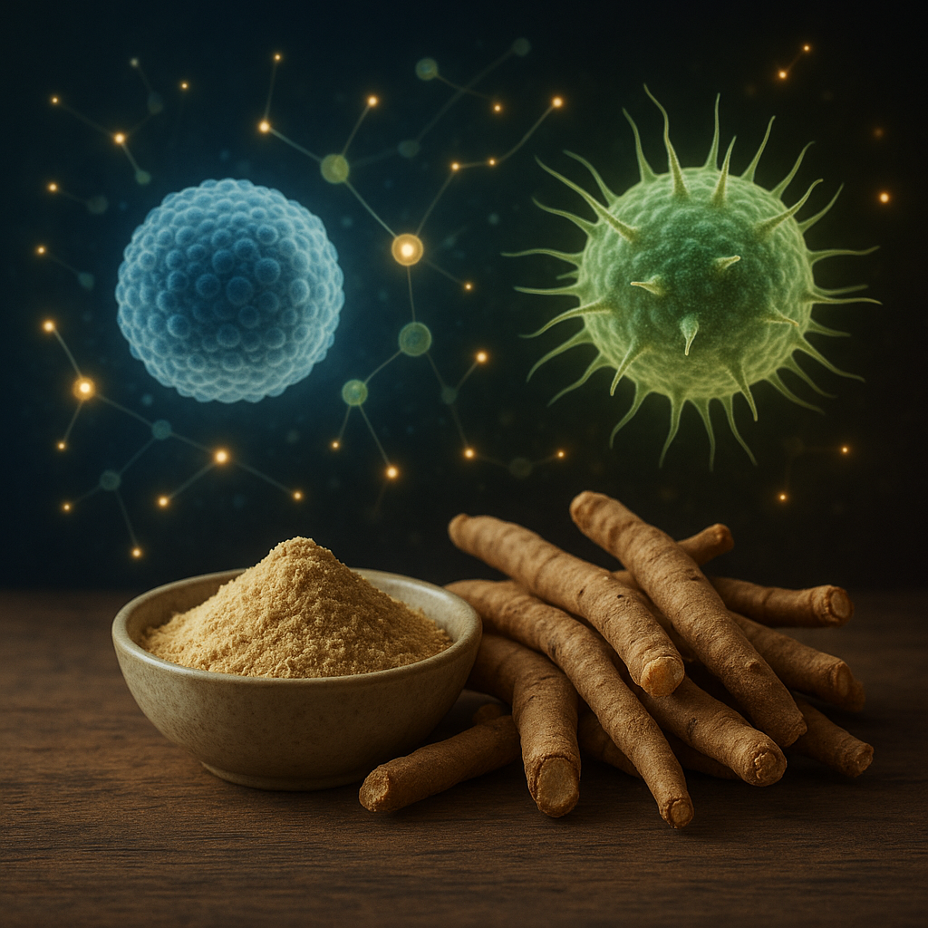 Realistic image of Ashwagandha roots and powder with glowing immune cells in the background, showing white blood cell production and NK cell activation.