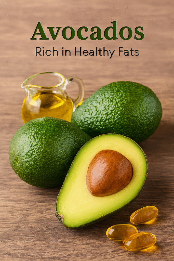 Three whole avocados, a halved avocado showing its creamy green flesh and seed, and a glass jug of golden avocado oil arranged on a rustic wooden surface—highlighting the richness of healthy fats in avocados.