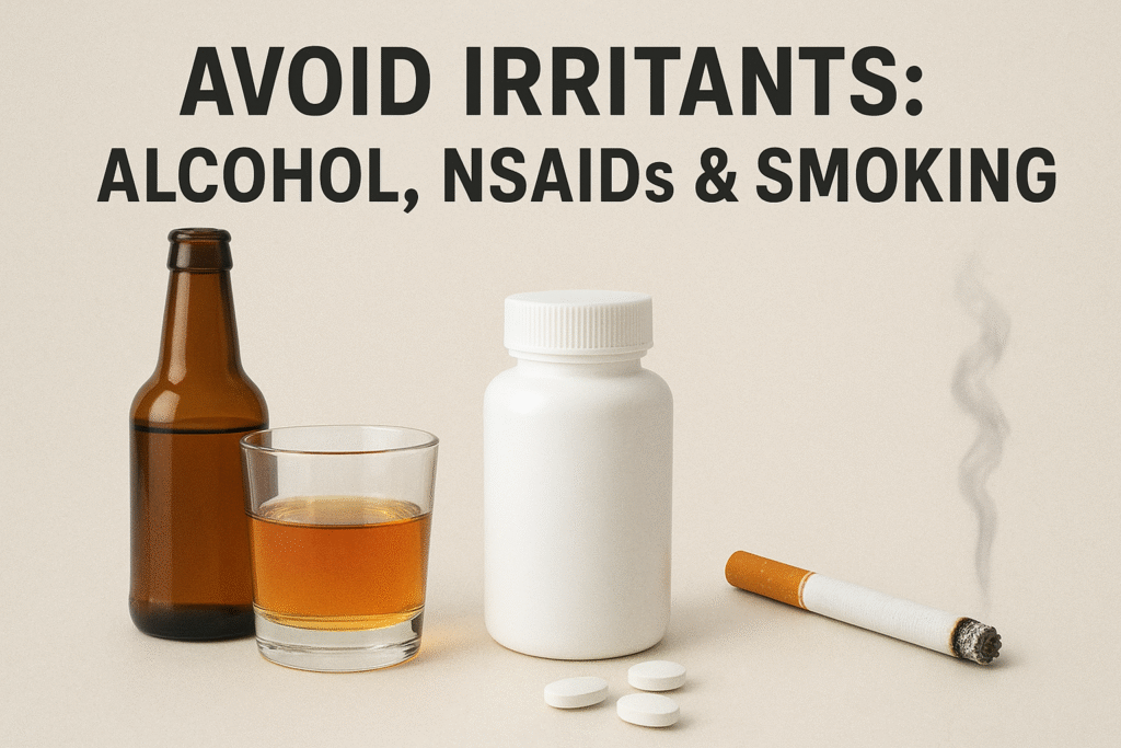 A glass of alcohol, pill bottle with tablets, and a lit cigarette symbolizing harmful irritants to avoid.