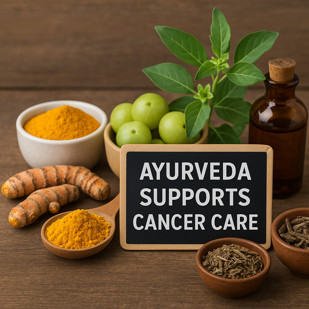 Fresh turmeric, ashwagandha, amla, and Ayurvedic herbs displayed with a board reading “Ayurveda Supports Cancer Care”