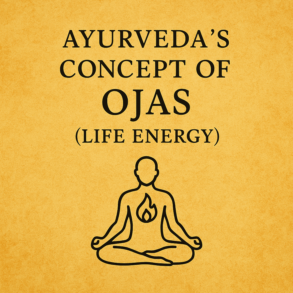 Golden-toned graphic showing a person in lotus pose with a symbolic flame at the chest, representing Ojas or life energy in Ayurveda.