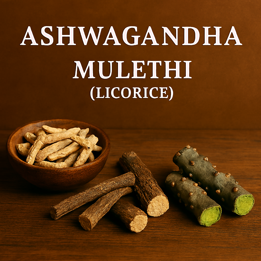 Photograph of Ashwagandha roots in a wooden bowl, dark Mulethi sticks with exposed interiors, and greenish Giloy stems arranged on a rustic wooden surface.