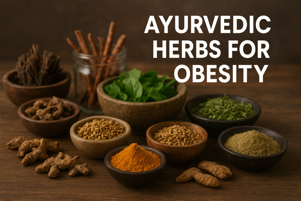 “Realistic display of Ayurvedic herbs like Triphala, Guggul, Fenugreek, Ashwagandha, and Turmeric used for obesity and metabolic health.”