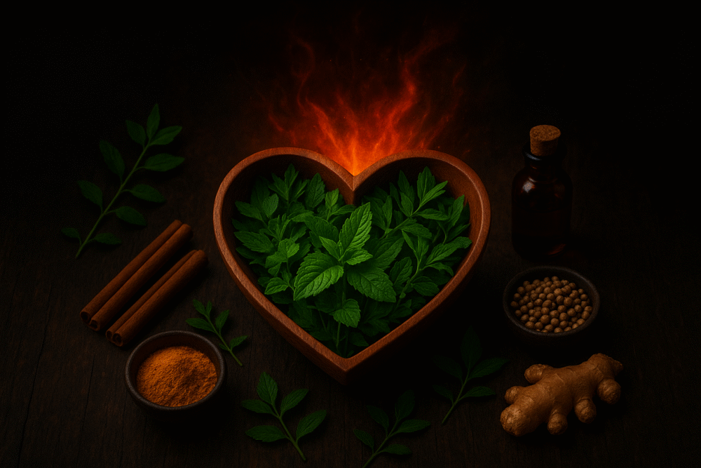 Heart-shaped wooden bowl filled with fresh green Ayurvedic herbs surrounded by ginger, cinnamon, turmeric, and spices on a rustic wooden surface with a fiery glow in the background.
