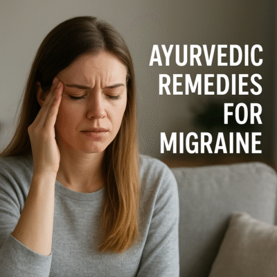 Woman suffering from migraine with text Ayurvedic Remedies for Migraine, highlighting natural healing methods.