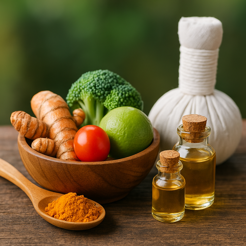 Realistic image of Ayurvedic foods and remedies including turmeric, broccoli, lime, tomato, herbal oils, and a compress, supporting breast health and reducing oxidative stress