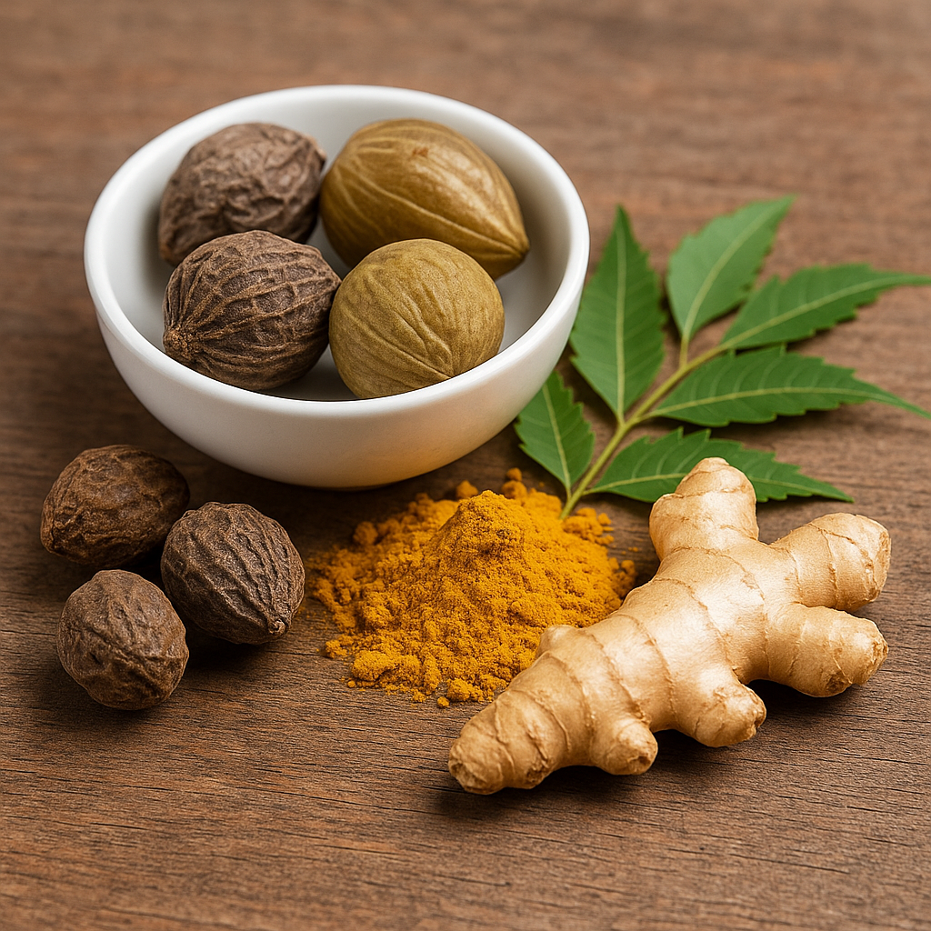 Collection of Ayurvedic herbs including Triphala fruits, neem leaves, turmeric powder, and fresh ginger root on a wooden surface.
