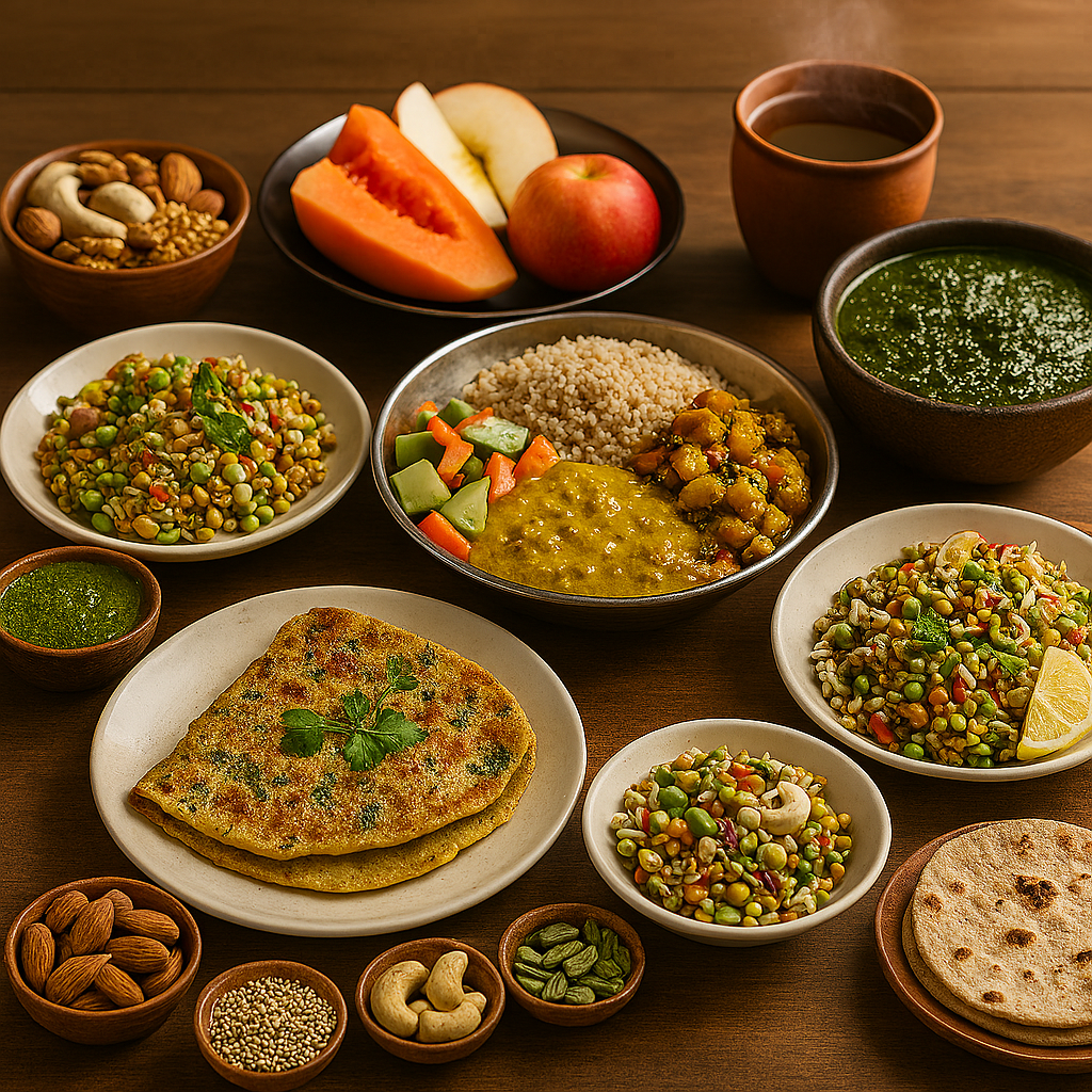 Realistic image of a full Indian meal plan arranged on a rustic wooden table, featuring moong dal chilla with mint chutney, sprout chaat, a millet-based lunch thali, seasonal fruits and nuts, leafy green curry with chapatis, vegetable soup, and a clay cup of herbal tea.