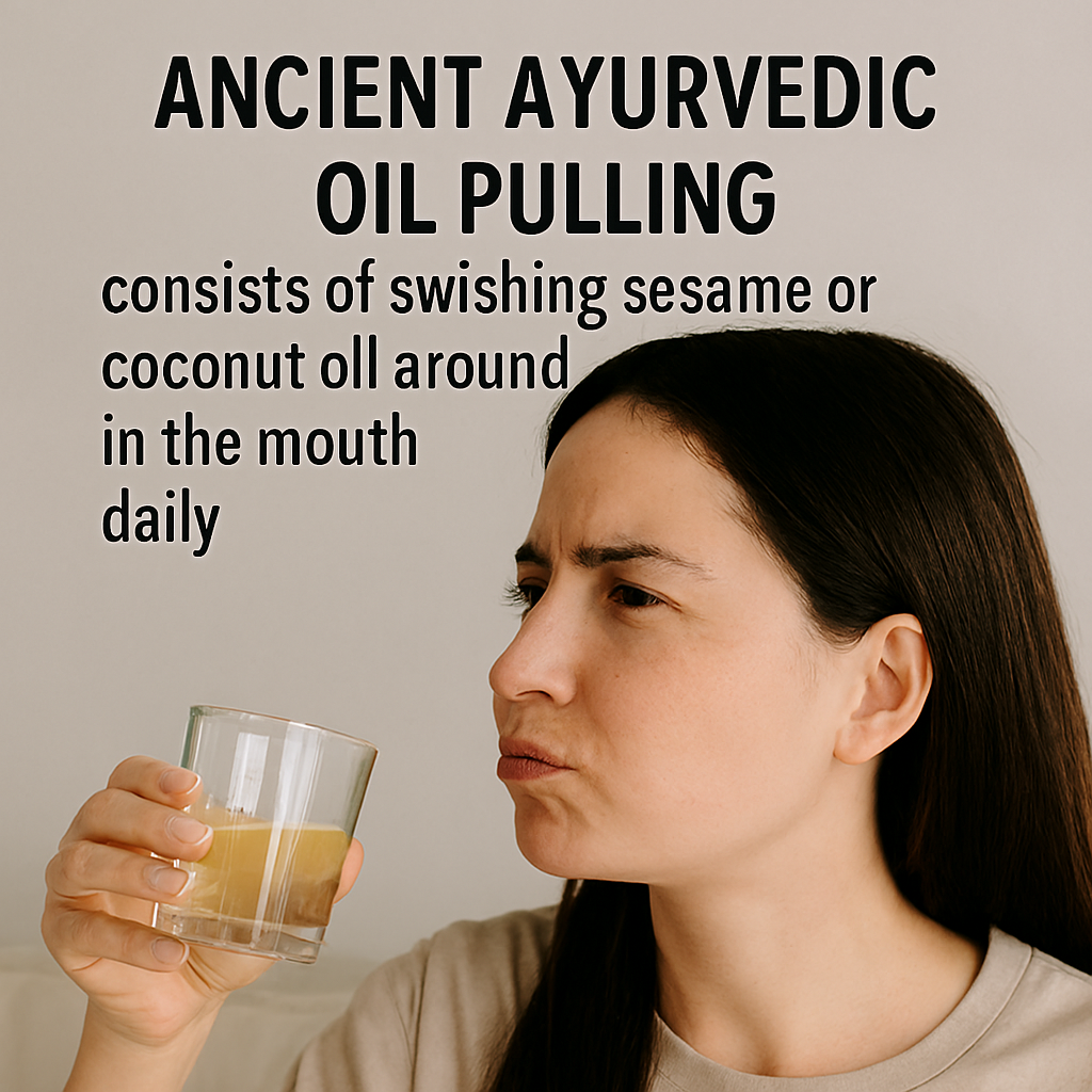 A woman swishes pale yellow oil in her mouth while holding a small glass, illustrating the Ayurvedic practice of oil pulling with sesame or coconut oil.