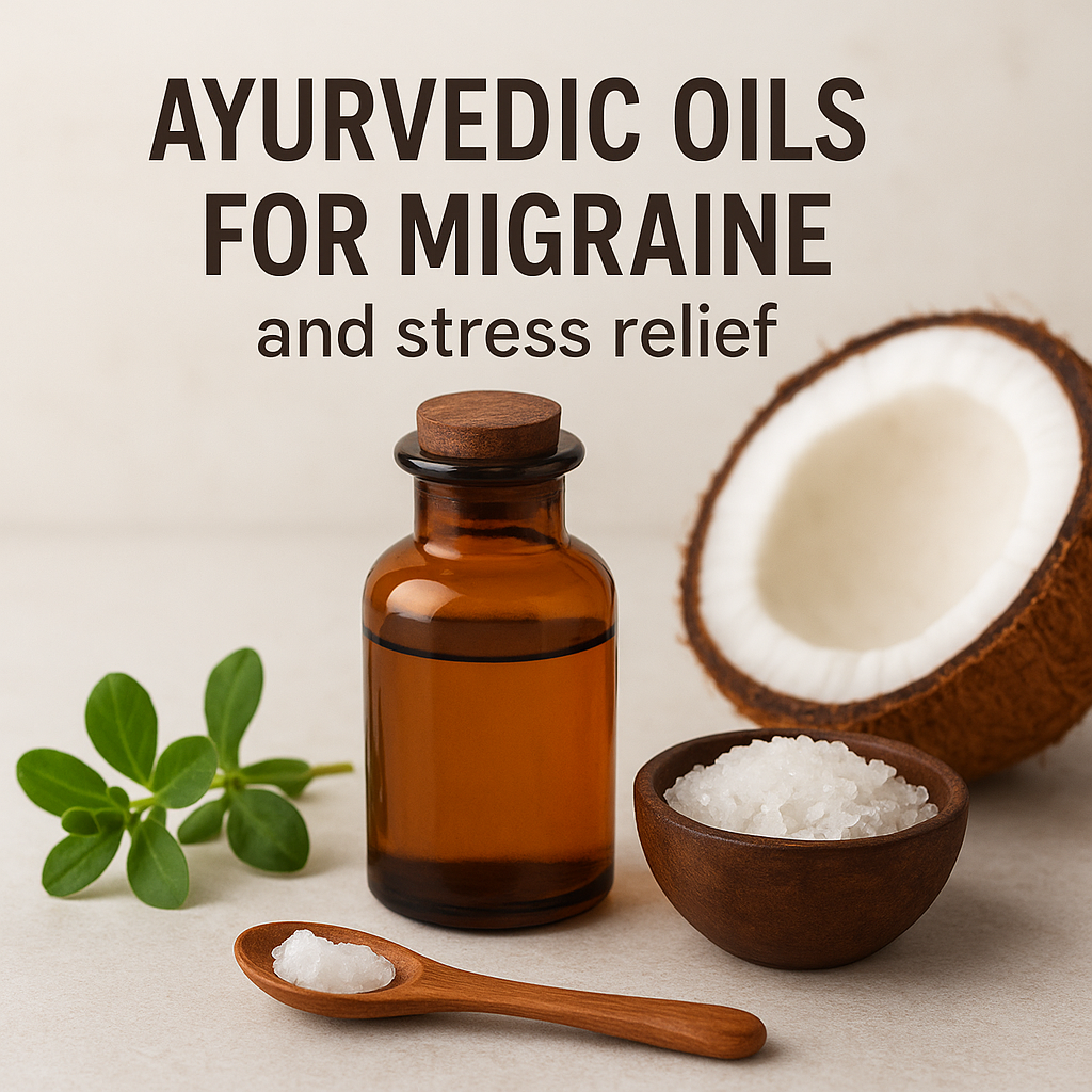Ayurvedic oil bottle with Brahmi leaves, coconut, and natural ingredients used for migraine and stress relief.