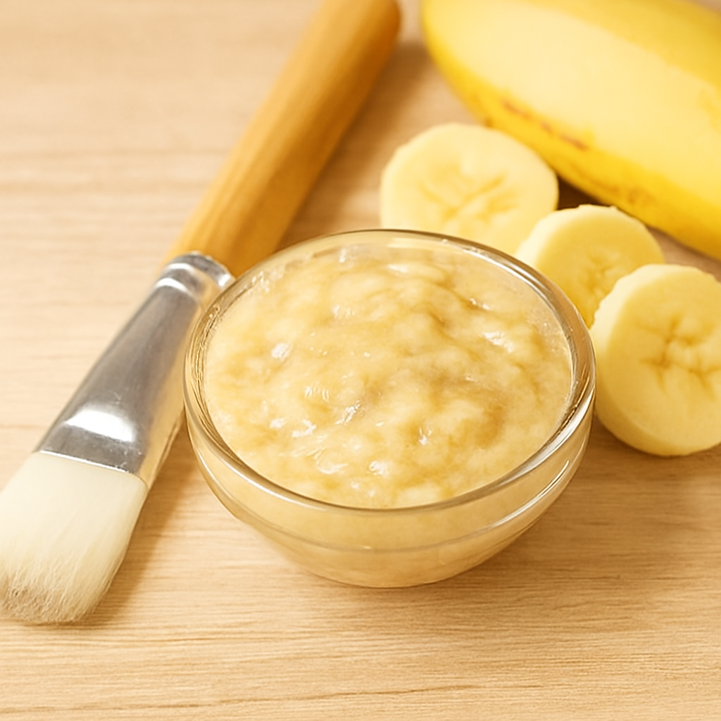 A small glass bowl filled with thick banana pulp mask sits on a light wooden surface, flanked by a clean facial brush and fresh banana slices.