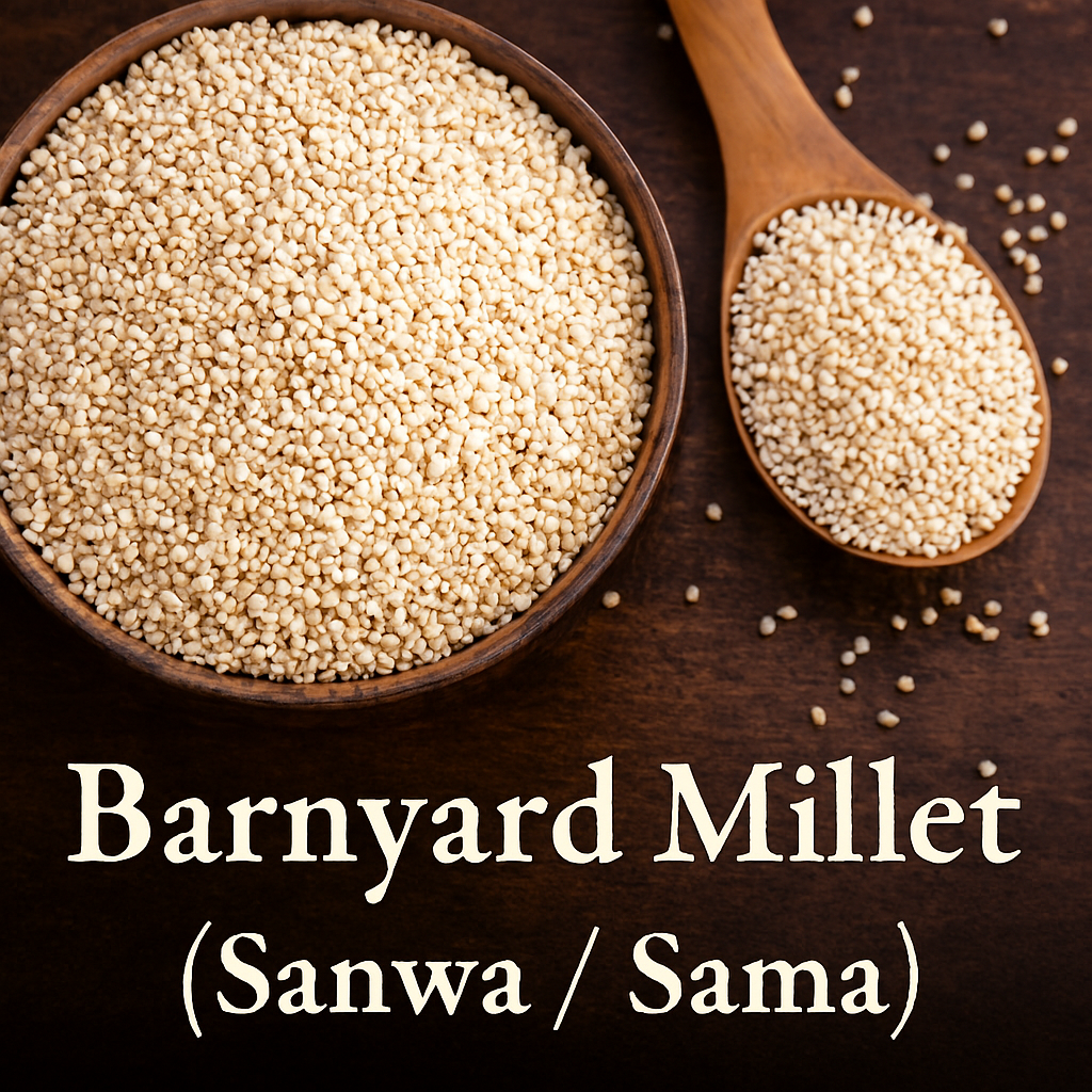Close-up of barnyard millet seeds in a wooden bowl and spoon on a dark wooden surface, with text overlay reading “Barnyard Millet (Sanwa / Sama)”—highlighting its rustic texture and nutritional value.