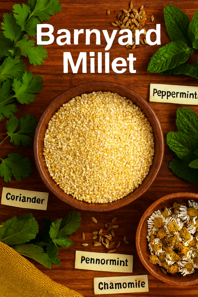 Top-down view of a wooden bowl filled with barnyard millet surrounded by fresh coriander leaves, fennel seeds, peppermint sprigs, and dried chamomile flowers, each labeled with rustic tags on a warm wooden surface.