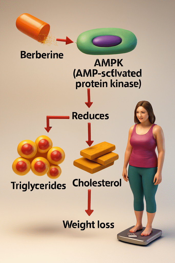 3D infographic showing berberine activating AMPK, which reduces triglycerides and cholesterol, leading to weight loss. Includes a capsule, protein structure, lipid molecules, and a woman on a scale.
