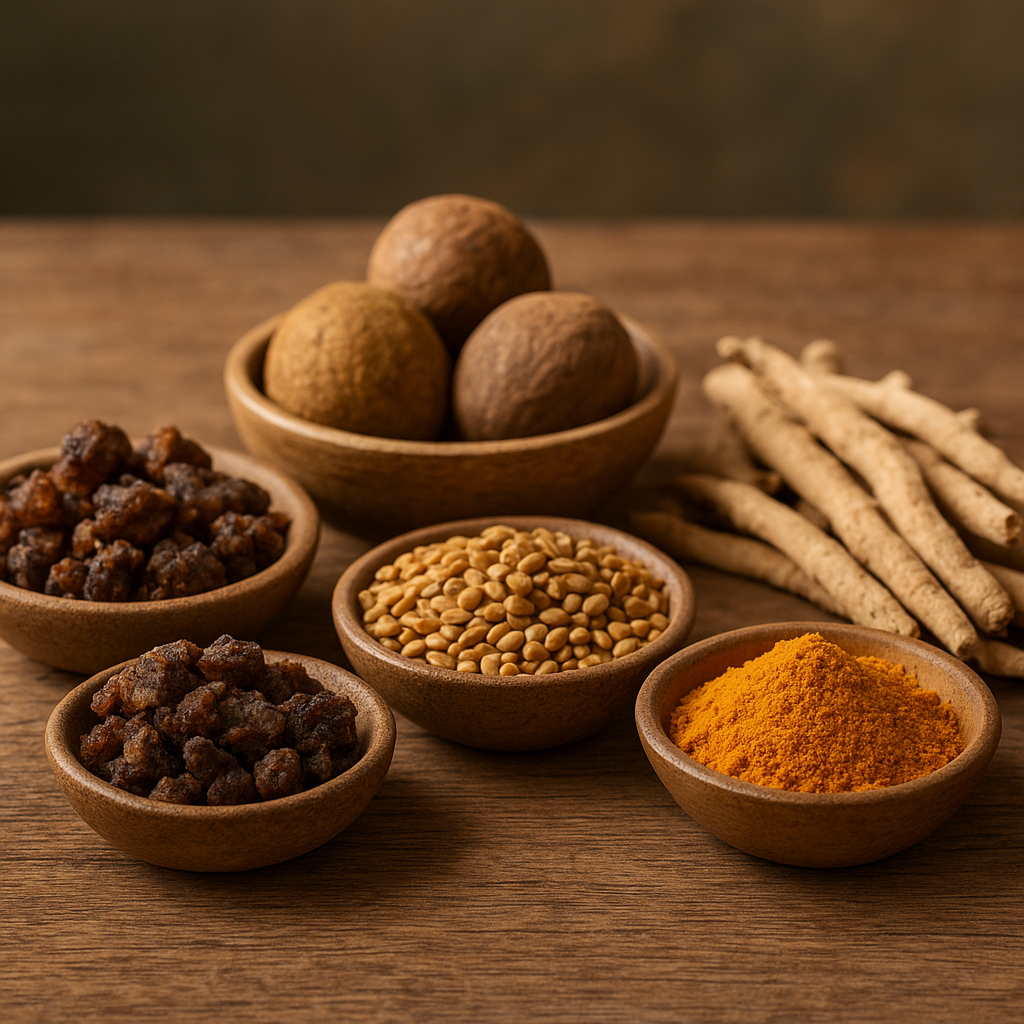 “Realistic image of Ayurvedic herbs including Triphala fruits, Guggul resin, Fenugreek seeds, Ashwagandha roots, and Berberine displayed in bowls on a wooden surface.”