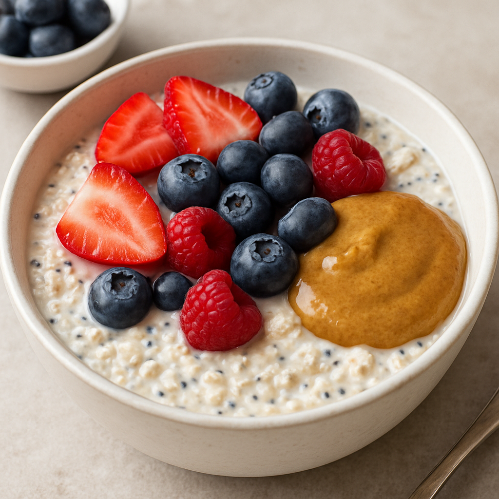 A bowl of soaked oats and chia seeds topped with fresh strawberries, blueberries, raspberries, and a dollop of almond butter.