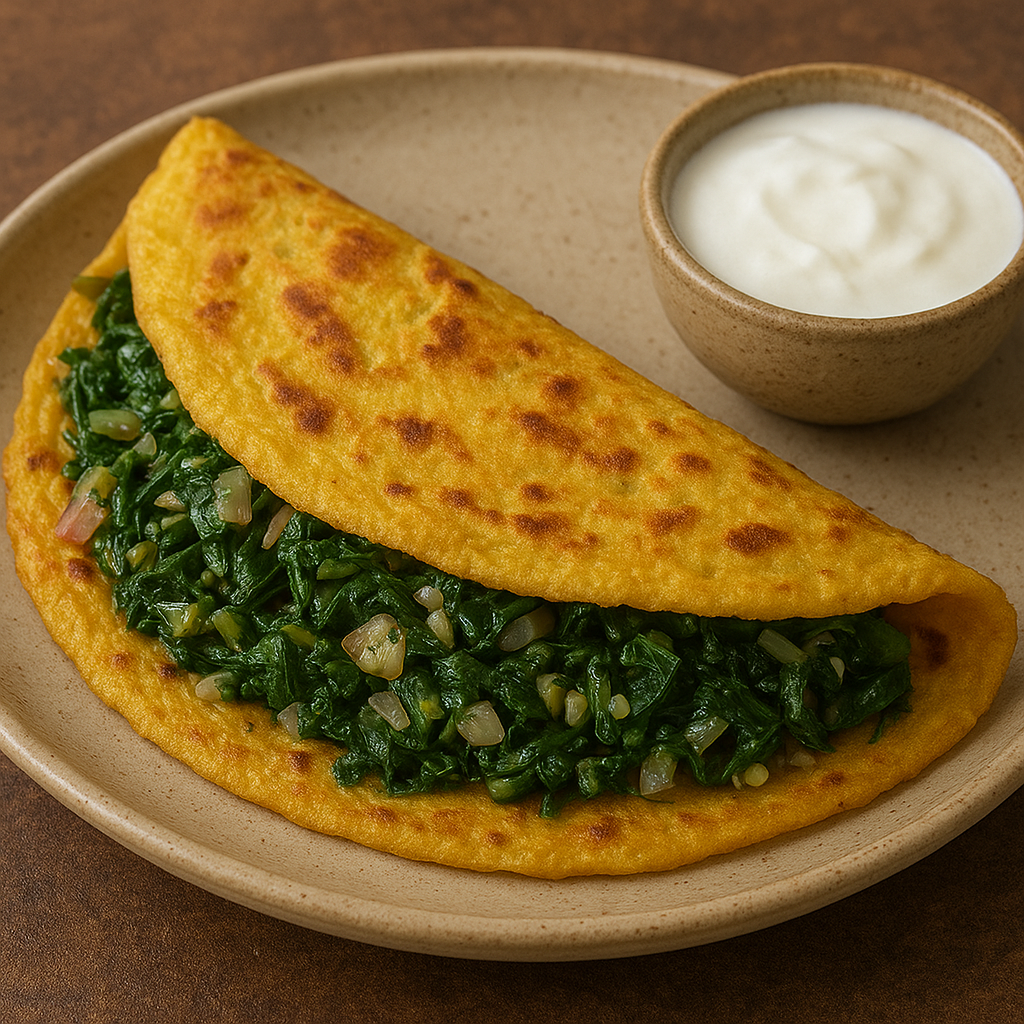 Golden besan cheela folded with spinach and onion stuffing, served with a bowl of curd.