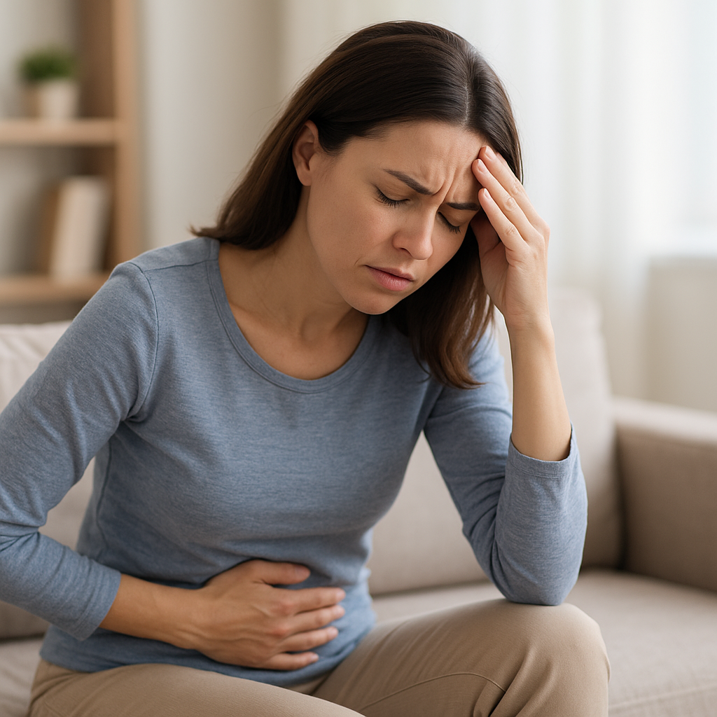 A woman sitting on a sofa holding her stomach and head, showing signs of constipation-related fatigue, bloating, and discomfort.
