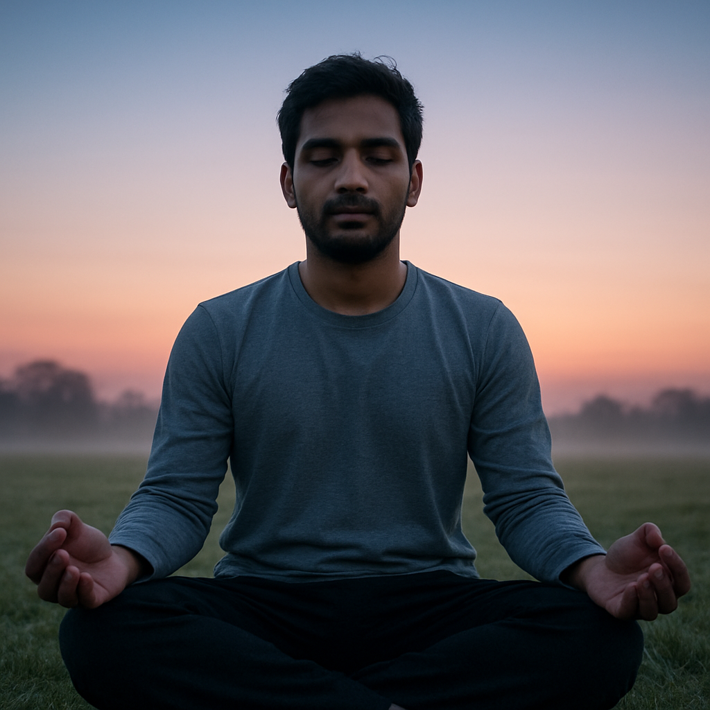 A young man meditates in lotus pose on a grassy field at sunrise, surrounded by mist.