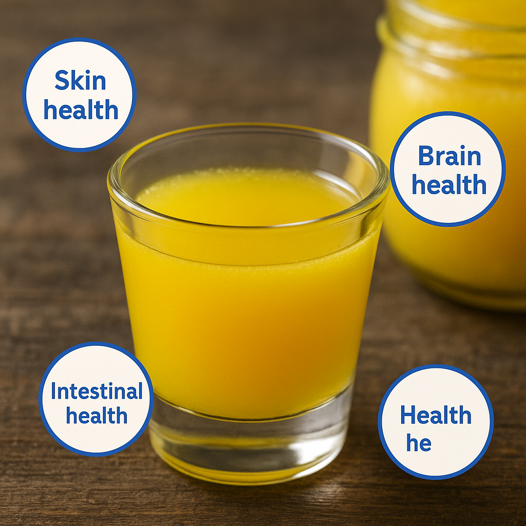 A glass of golden ghee on a wooden table with health benefit icons for skin, brain, and intestines.