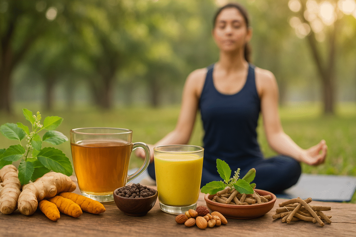 Ayurvedic home remedies for immunity including turmeric, tulsi, ginger, ashwagandha, golden milk, and herbal tea with a woman practicing yoga in the background.