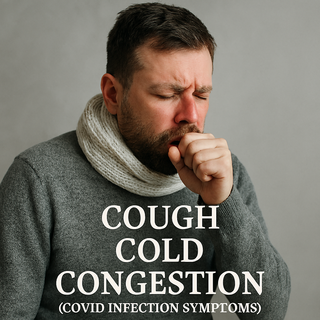 Photograph of a man coughing with eyes closed and hand over mouth, wearing a scarf and sweater, illustrating COVID symptoms like cough, cold, and congestion.