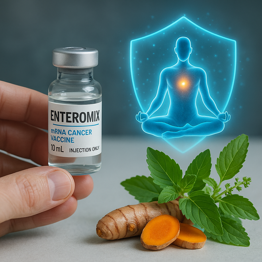 Hand holding Enteromix mRNA cancer vaccine vial with turmeric, basil, and glowing meditative human figure symbolizing natural immunity support.