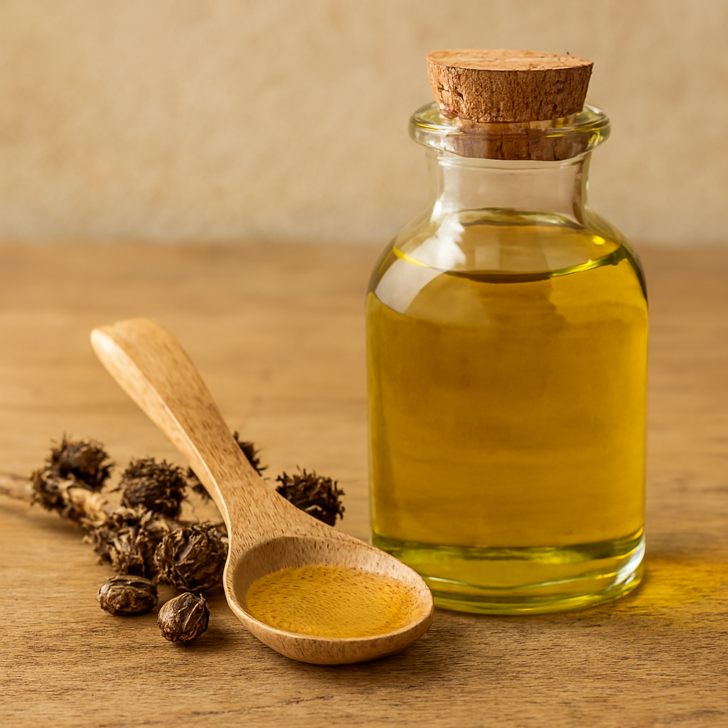 Glass bottle of golden castor oil beside a wooden spoon and castor seeds on a rustic wooden surface.