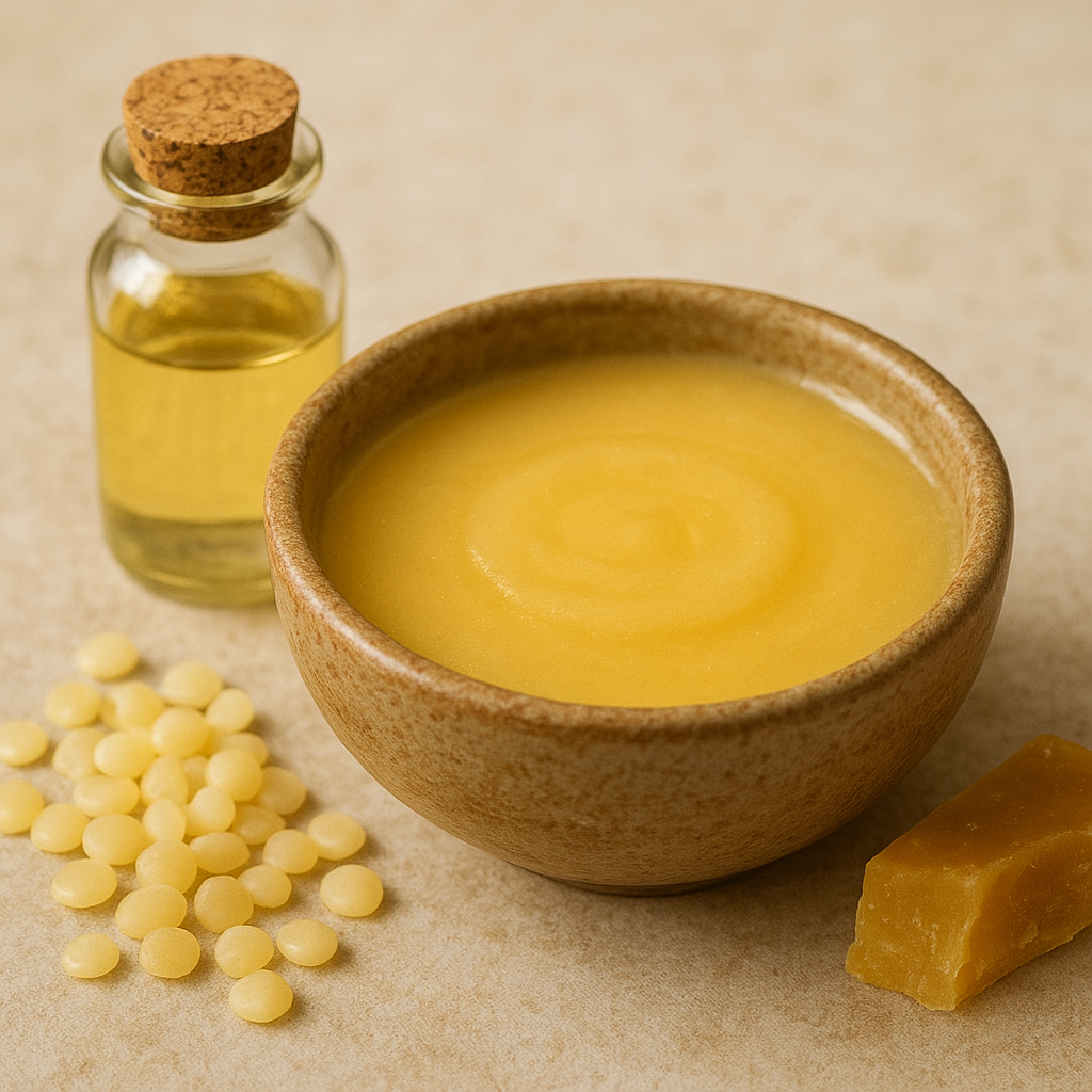 A ceramic bowl filled with golden-yellow castor oil and beeswax balm, placed beside a glass bottle of castor oil, beeswax pellets, and a solid beeswax block.