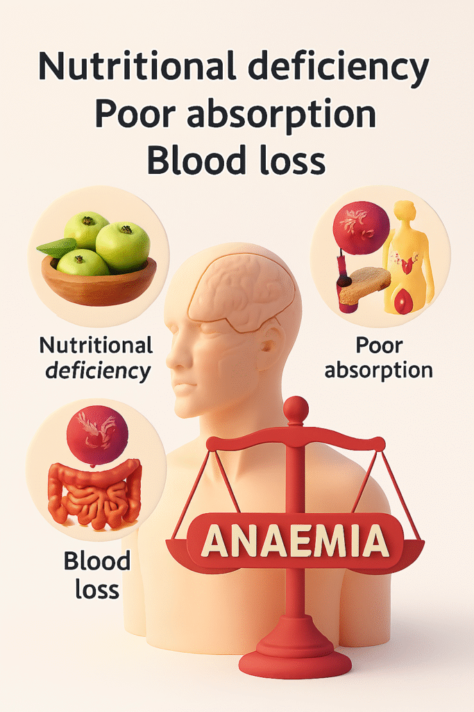 3D-rendered image featuring a human bust with a red balance scale labeled “ANAEMIA,” surrounded by icons representing nutritional deficiency (amla fruits), poor absorption (digestive tract with bread and wine), and blood loss (menstrual system, parasites, and blood droplet), set against a beige background.