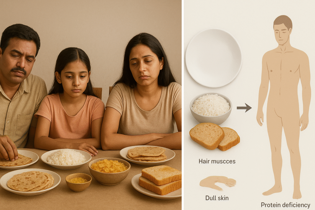 A realistic split image showing an Indian family with tired expressions eating cereal-heavy foods like rice, chapati, bread, and cornflakes, contrasted with an infographic side displaying protein deficiency symptoms such as weak muscles, hair issues, and dull skin.