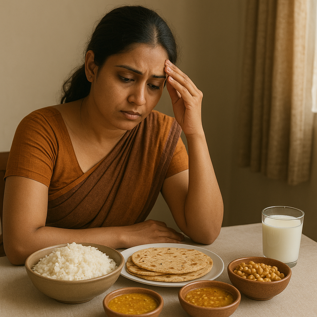 An Indian woman looking concerned while sitting at a dining table with rice, rotis, curry, a small portion of chickpeas, and a glass of milk, symbolizing a cereal-heavy diet with lower consumption of pulses and legumes.