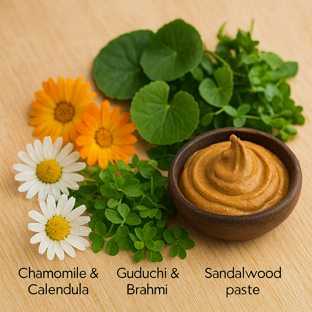 Chamomile & Calendula for soothing skin, Guduchi & Brahmi for cognitive and immune support, and Sandalwood paste for cooling and clarity—an Ayurvedic trio in harmony.