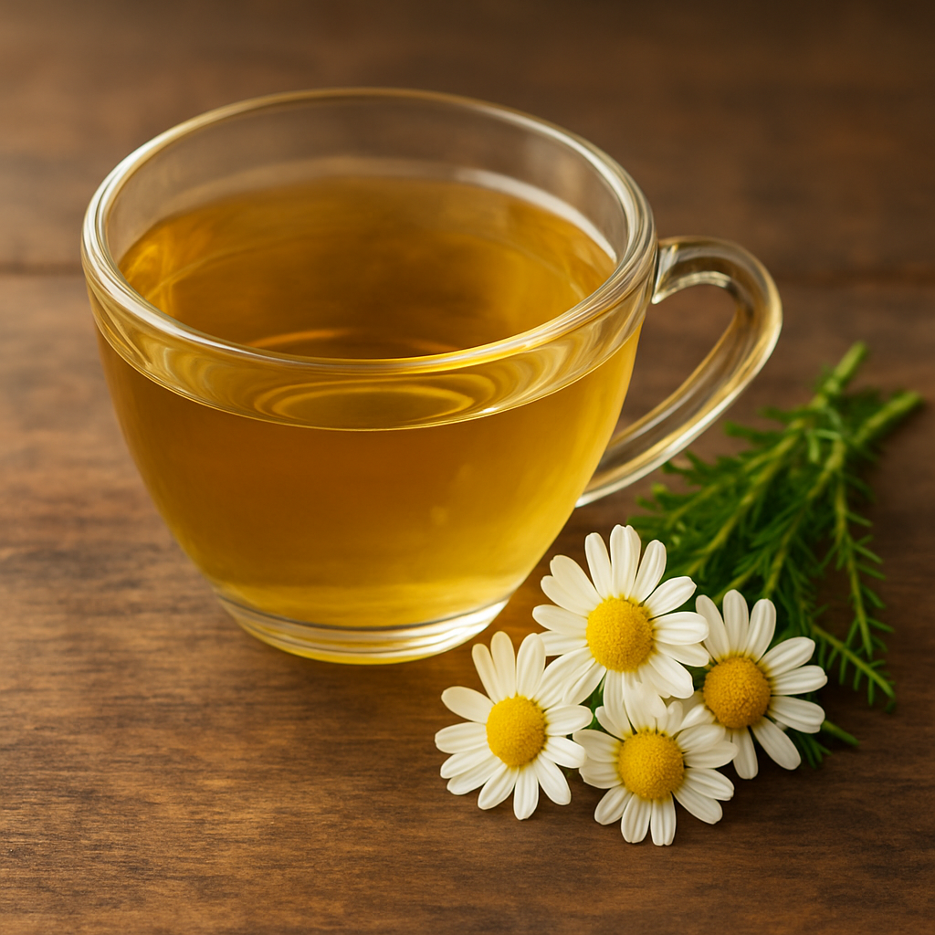 Realistic image of a glass cup of chamomile tea with fresh chamomile flowers on a wooden table, calming and anti-inflammatory for skin.