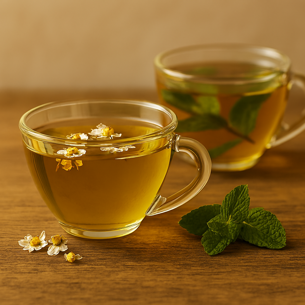 Two glass cups of herbal tea on a wooden surface: one with floating chamomile flowers, the other with fresh peppermint leaves.