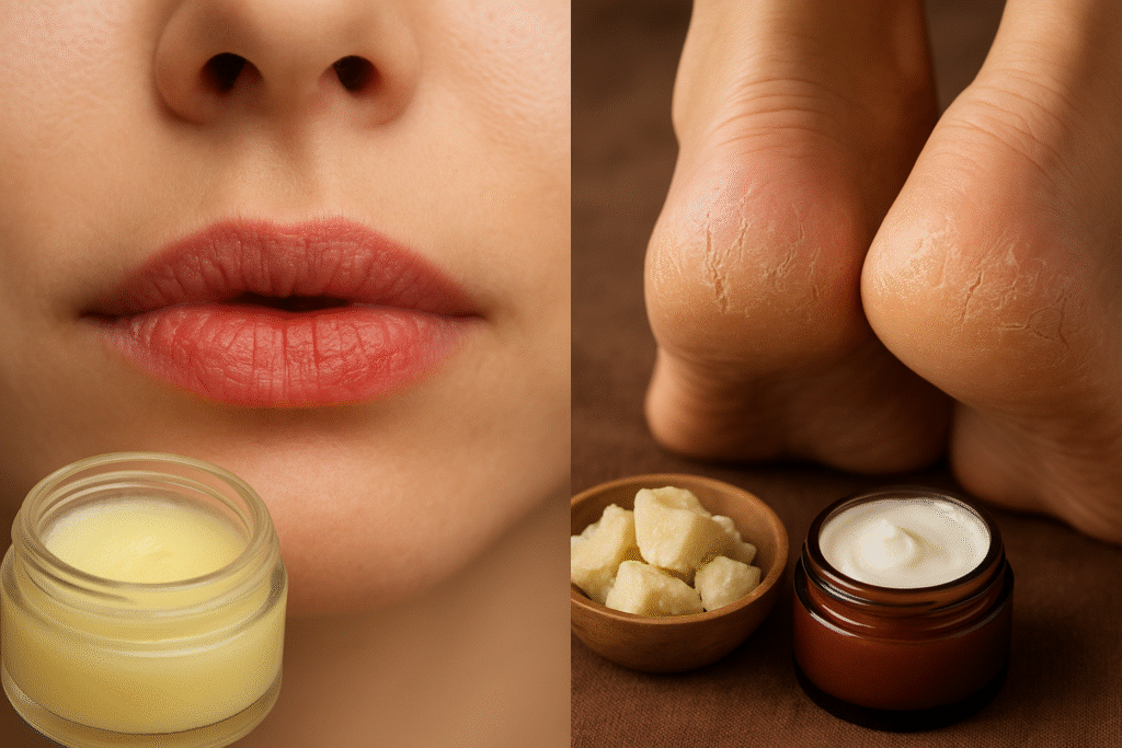 Close-up showing chapped lips with a natural lip balm and cracked heels with shea butter and cream as healing remedies.