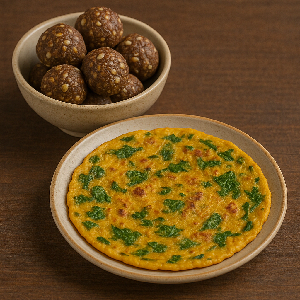 A plate of golden besan chilla with spinach beside a bowl of nut and seed laddus on a wooden surface.