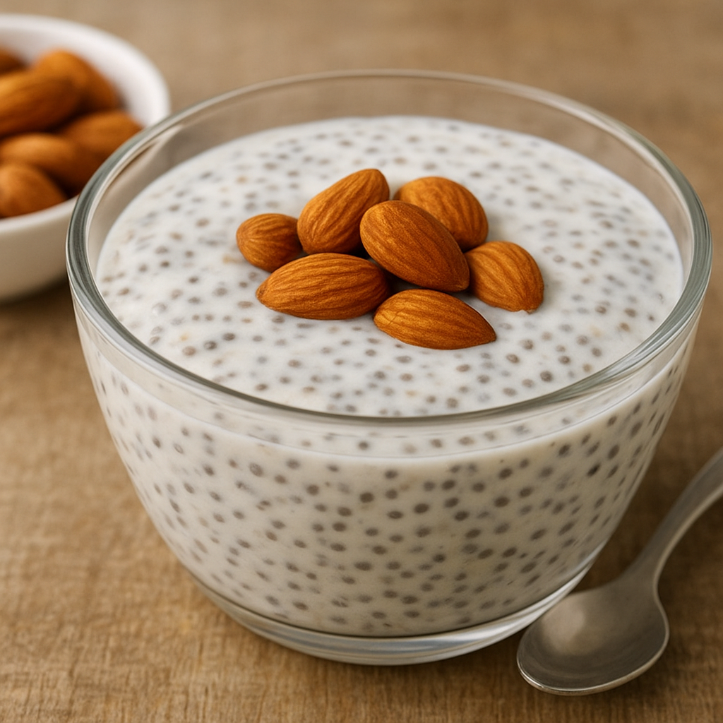 A glass bowl filled with chia-almond yogurt pudding, garnished with whole almonds on top.
