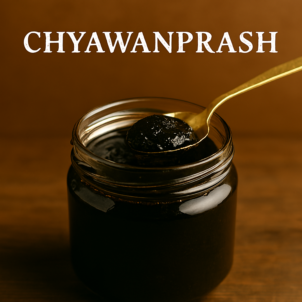 Photograph of a glass jar filled with dark, glossy Chyawanprash, with a gold spoon scooping out a dollop, placed on a rustic wooden surface.