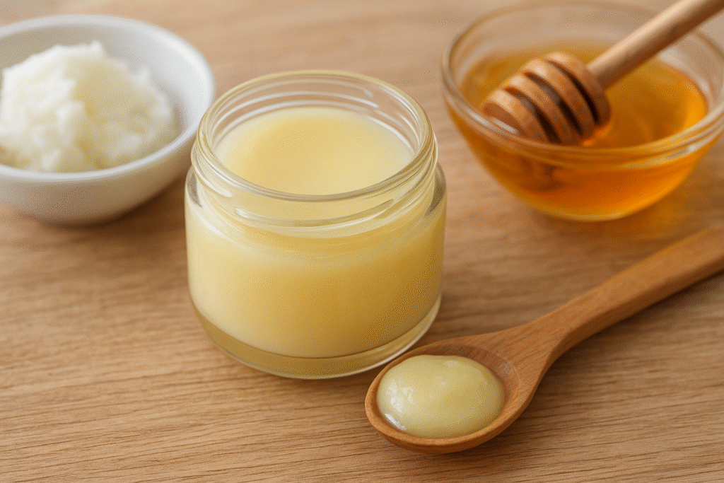 Aesthetic close-up of a glass jar filled with DIY coconut oil and honey lip balm, placed on a wooden surface with honey dipper, coconut oil, and a wooden spoon.