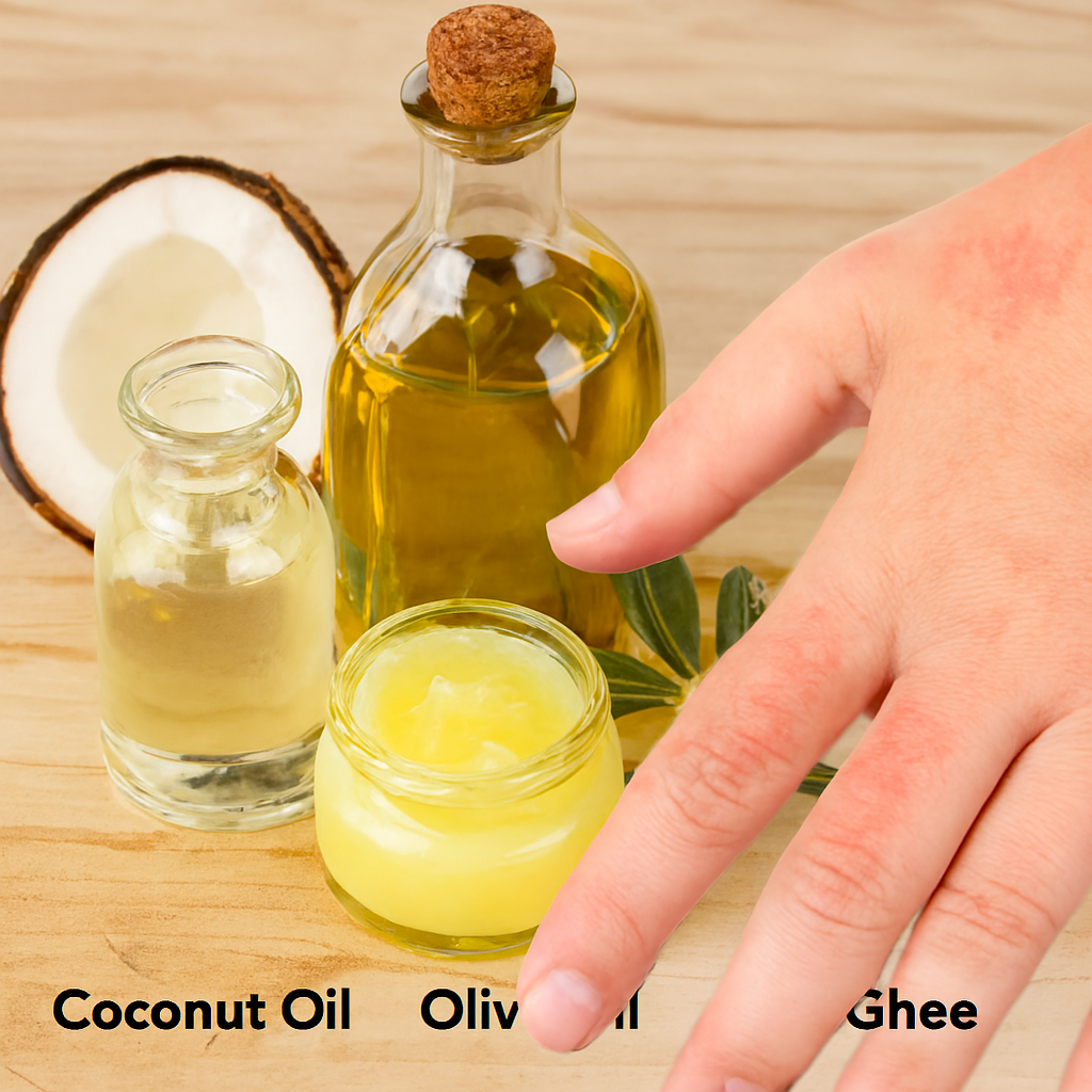 Close-up of three natural oils—coconut oil, olive oil, and ghee—on a wooden surface beside a human hand with a visible skin rash, illustrating their use as topical remedies.