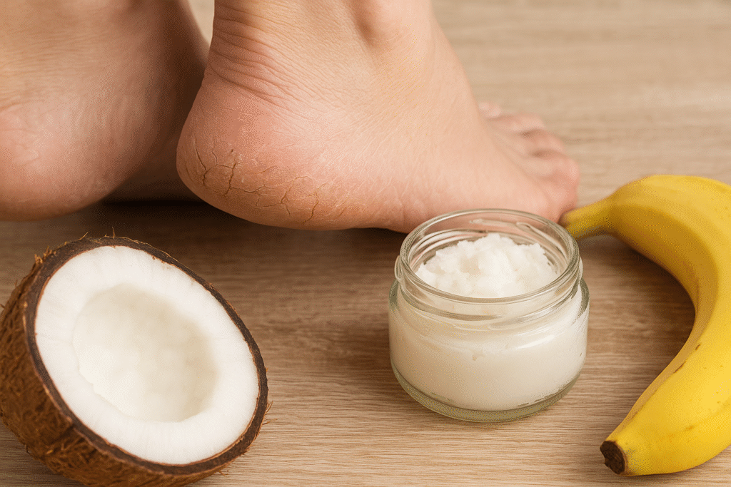 Realistic close-up of cracked heels with a jar of coconut oil and a halved coconut for natural overnight foot therapy.