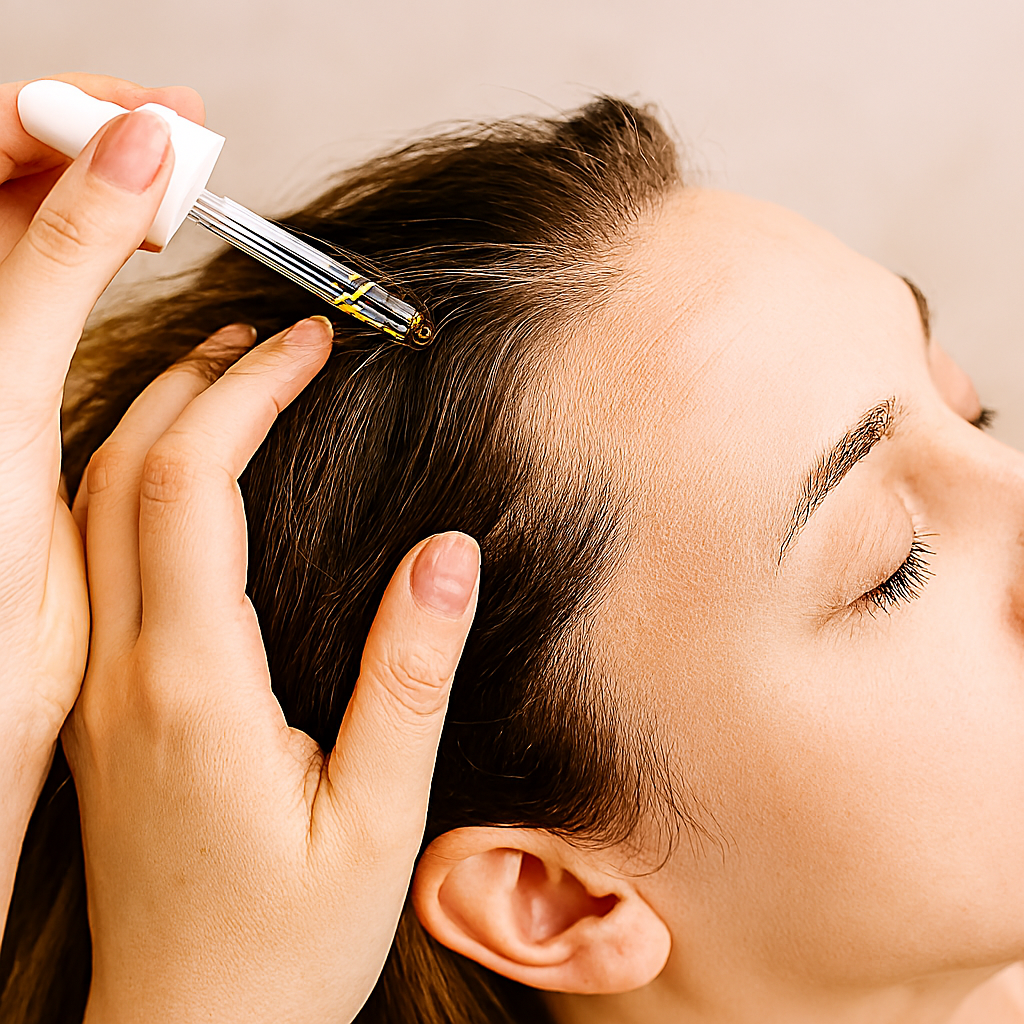 Close-up of a woman receiving a scalp massage as golden oil is applied with a dropper to her parted hair, highlighting natural hair care for itchy scalps.