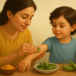 A mother gently applying herbal paste on her child’s arm with neem leaves, turmeric powder, aloe vera, and coconut oil on a wooden table, symbolizing natural home remedies for children’s skin problems.