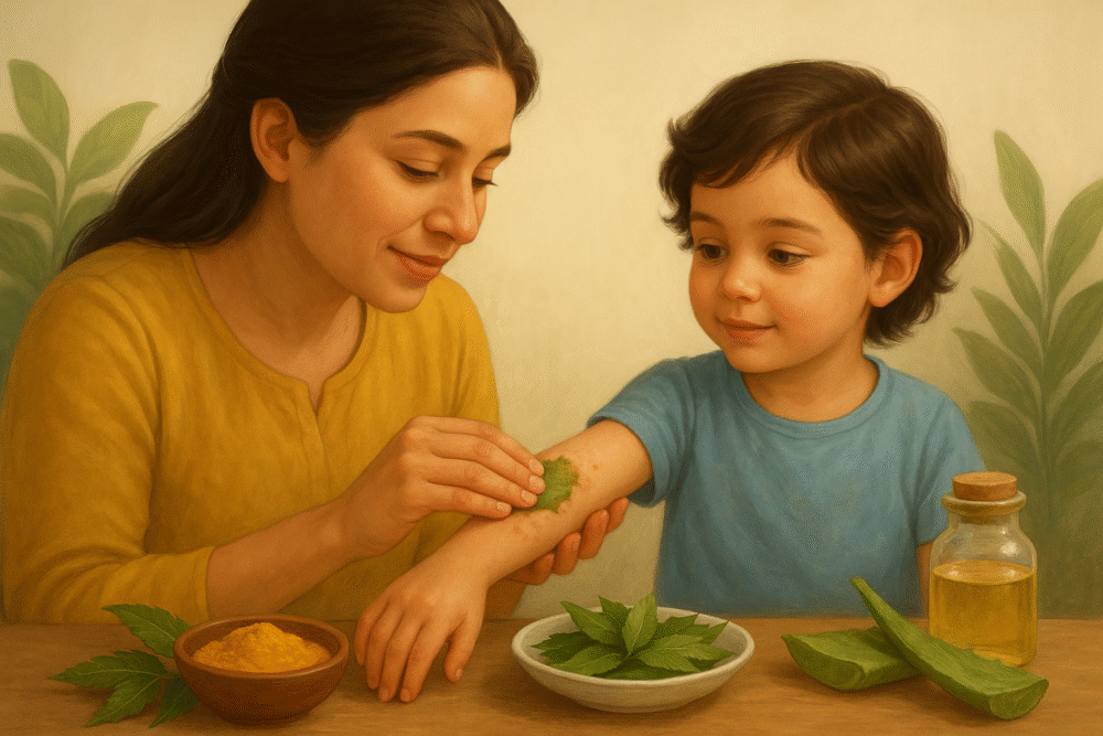 A mother gently applying herbal paste on her child’s arm with neem leaves, turmeric powder, aloe vera, and coconut oil on a wooden table, symbolizing natural home remedies for children’s skin problems.