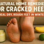 Realistic image of cracked heels with natural remedies like cream, banana, and lime for winter foot care.