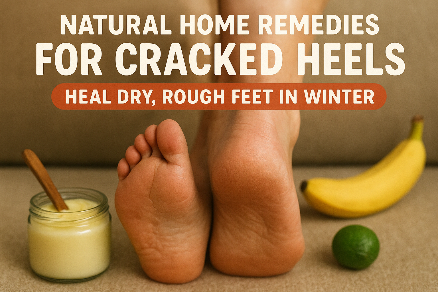 Realistic image of cracked heels with natural remedies like cream, banana, and lime for winter foot care.