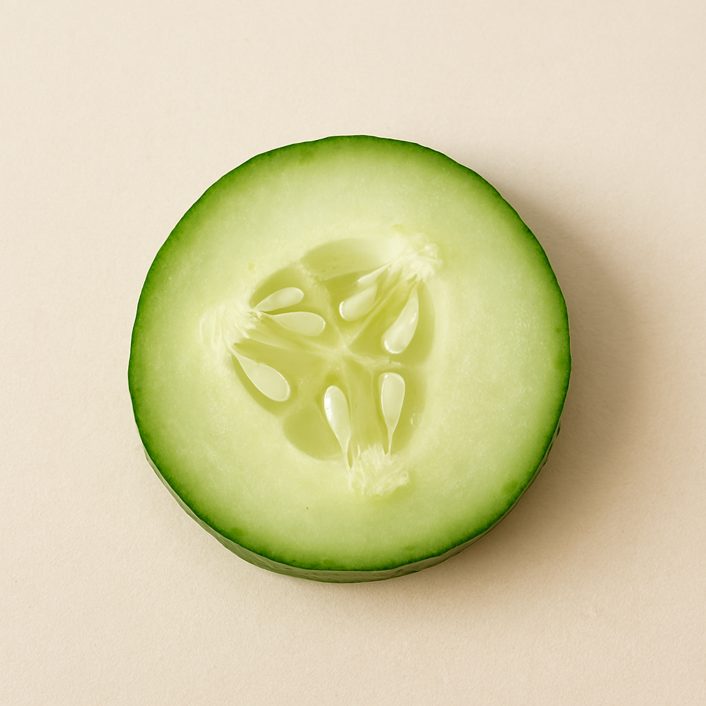Realistic cucumber slice on a beige background, showing green rind, pale flesh, and central seed cluster.