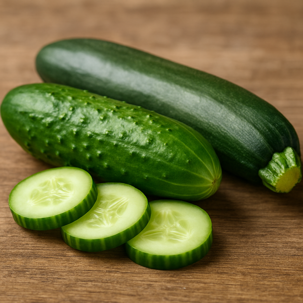 Realistic image of cucumber and zucchini with cucumber slices on a wooden surface, highlighting high water content vegetables.