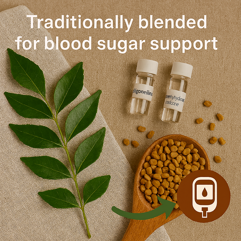 Flat-lay image of fresh curry leaves and fenugreek seeds on a linen cloth, with labeled vials of trigonelline and methylhydroxychalcone, and a green arrow pointing to a glucose meter icon. Text overlay reads: “Traditionally blended for blood sugar support.”